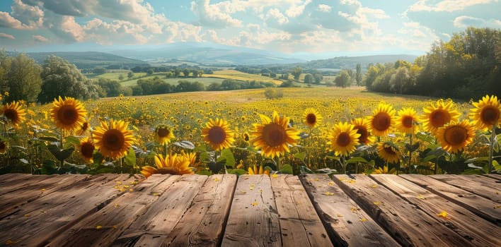 A wooden table with a view of a field of yellow sunflowers by AI generated image.