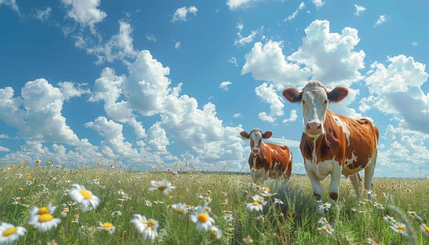 Two cows standing in a field with a beautiful landscape in the background by AI generated image.