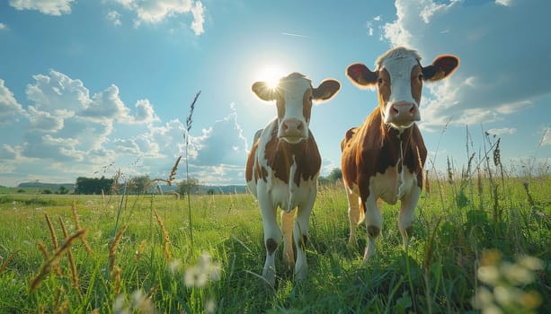Two cows standing in a field with a beautiful landscape in the background by AI generated image.
