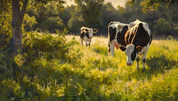 Two cows standing in a field with a beautiful landscape in the background by AI generated image.