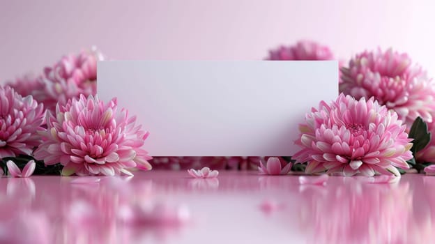 A blank white card is surrounded by pink flowers on a table