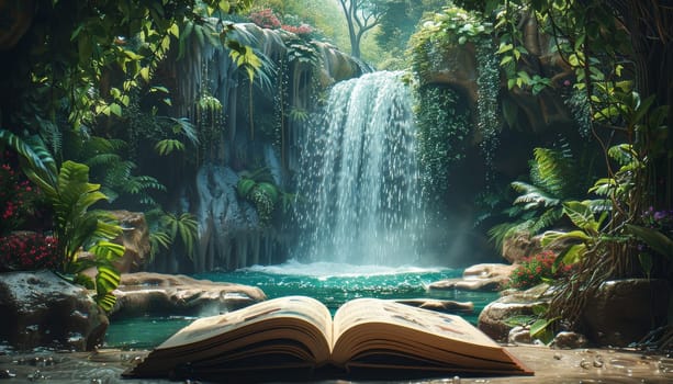 A book is open on a waterfall by AI generated image.