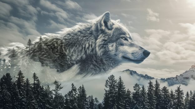 A large wolf is shown in a painting of the sky