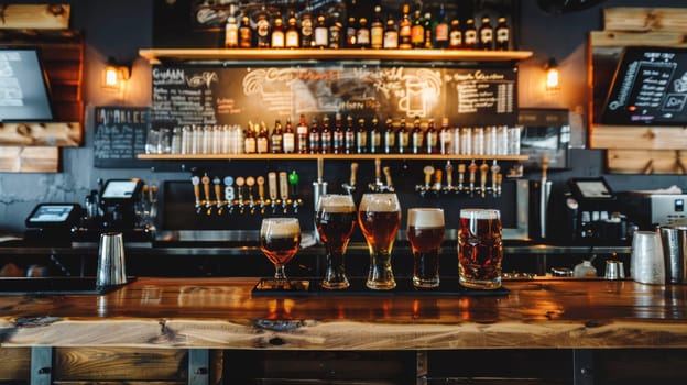 A bar with several glasses of beer on a wooden counter