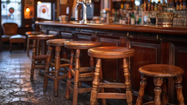 A row of wooden stools sit at a bar near the counter