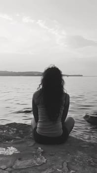 A woman sitting on a rock looking out over the water