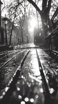 A black and white photo of a bench with rain drops on it