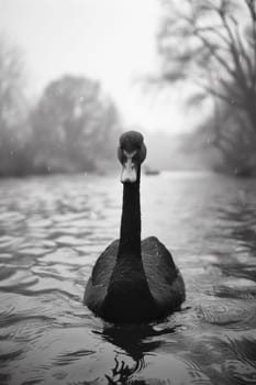 A black duck swimming in a lake with trees and buildings behind it