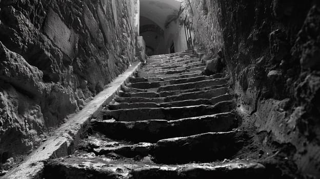 A black and white photo of a stairway leading to an underground tunnel