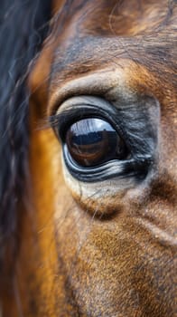 A close up of a brown horse's eye with long hair