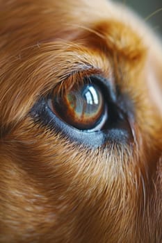 A close up of a brown dog's eye with some light coming through