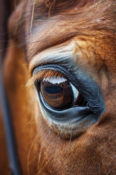 A close up of a brown horse's eye with long lashes