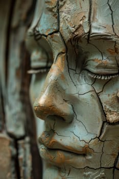 A close up of a statue with cracked face and eyes