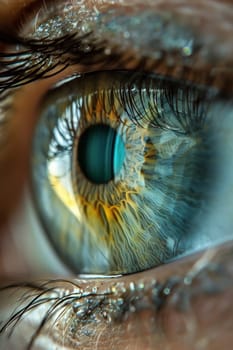 A close up of a woman's eye with blue iris