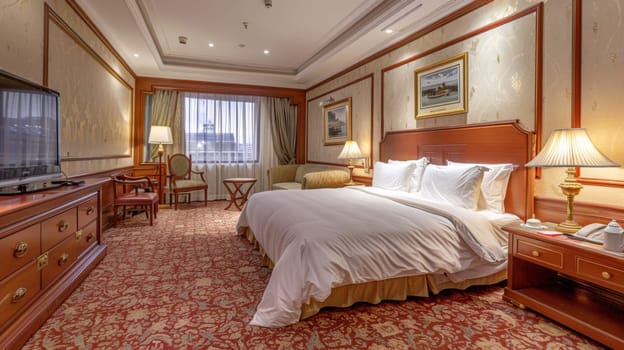 A hotel room with a bed, television and dresser in it