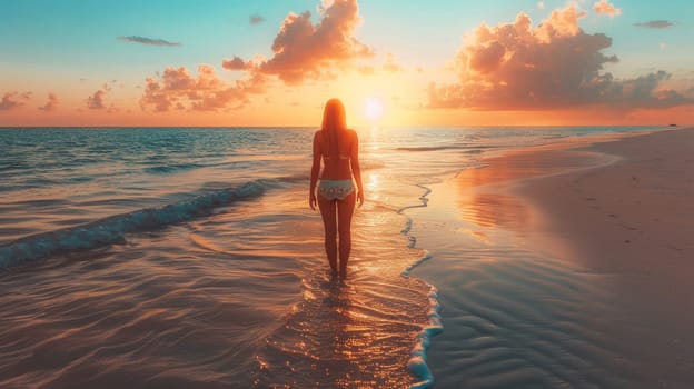 A woman standing in the ocean at sunset with her back to camera