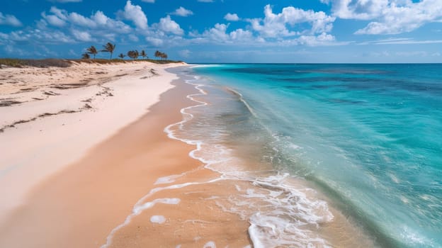 A sandy beach with a clear blue ocean and white sand