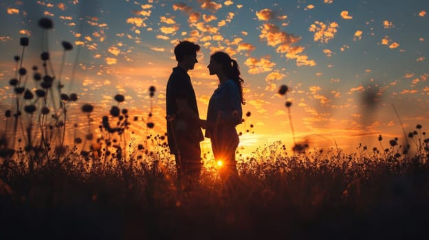 A couple standing in a field at sunset with the sun setting behind them