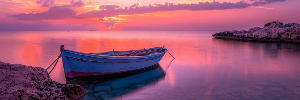 A boat is sitting on the shore of a body of water