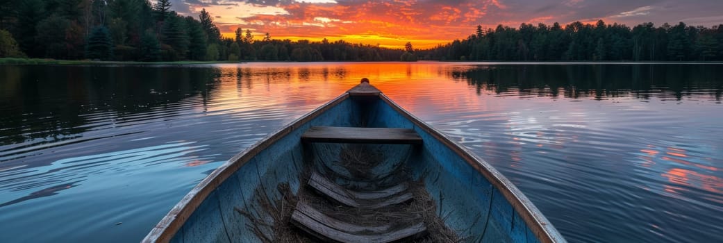 A boat on a lake with the sun setting in front of it