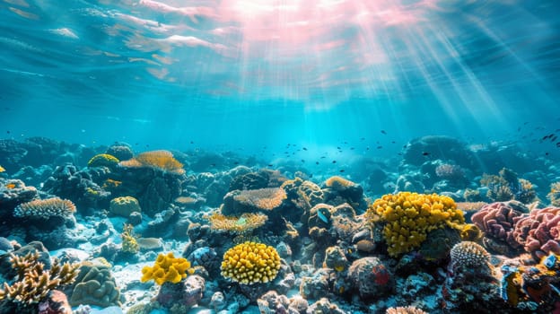 A beautiful underwater scene of a coral reef with sunlight shining through