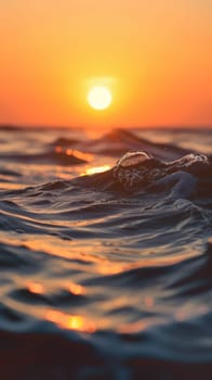 A sunset over the ocean with a surfboard in it