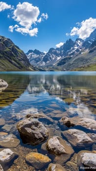 A mountain range with a lake and rocks in the water