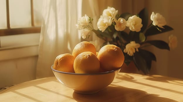 A bowl of oranges on a table next to some flowers