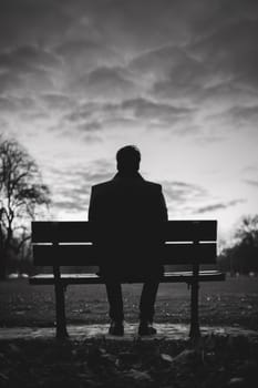 A man sitting on a bench in the park with cloudy sky