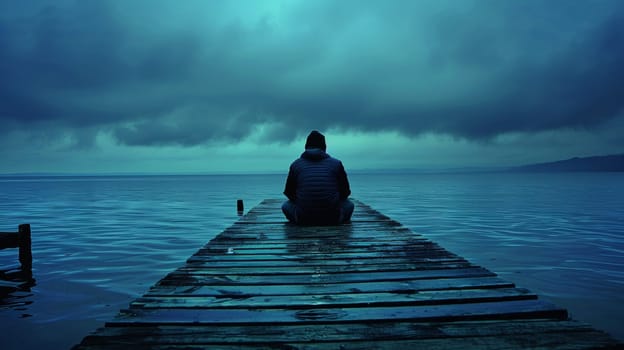 A person sitting on a dock looking out over the water