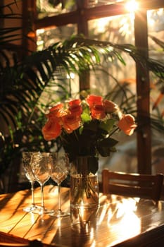 A table with a vase of flowers and two wine glasses