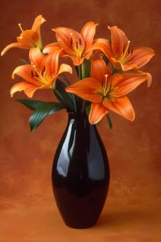 A black vase with orange flowers in it on a brown background