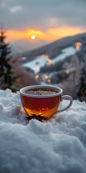 A cup of coffee is placed on a tableware in the snowy ground as the sun sets in the sky, casting a beautiful hue. The steam from the hot liquid mixes with the cold air, creating a picturesque scene