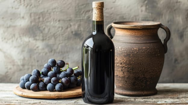 A bottle of wine and a jug with grapes on the table