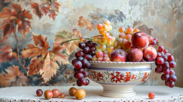 A bowl of fruit on a table with leaves in the background