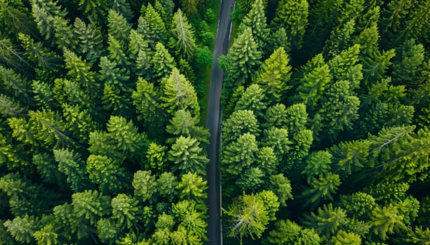 A forest with a road running through it by AI generated image.