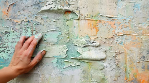 A person's hand is touching a wall with paint on it