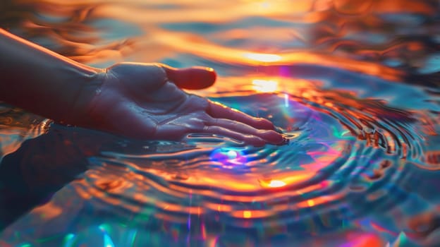 A hand is touching the water surface with a colorful background