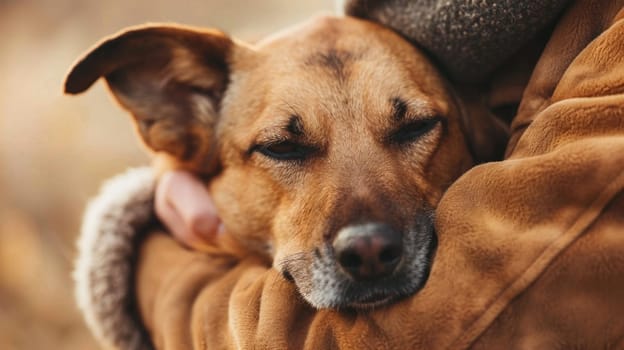 A brown dog in a person's arms with its head resting on the shoulder