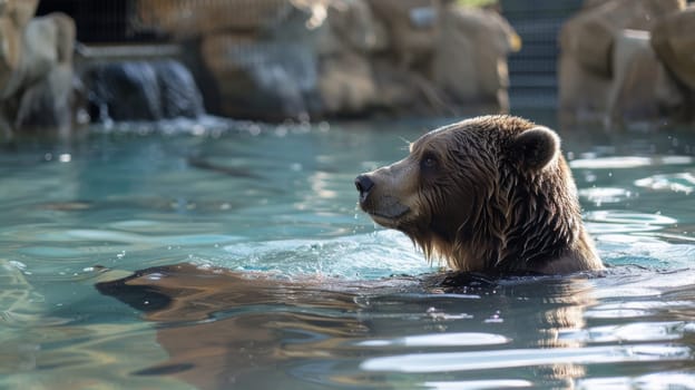 A bear swimming in a pool with rocks and waterfalls