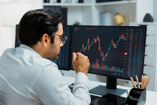 Smart trader businessman analyzing in two dynamic stock exchange investment screen on pc with investing highest profitable financial technology in searching market at modern home office. Surmise.