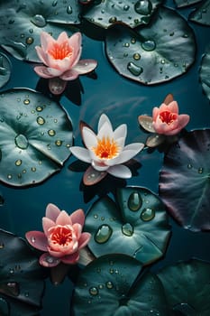 A cluster of lotus flowers gracefully drifting on the surface of a pond, showcasing their vibrant petals and showcasing the beauty of aquatic plants