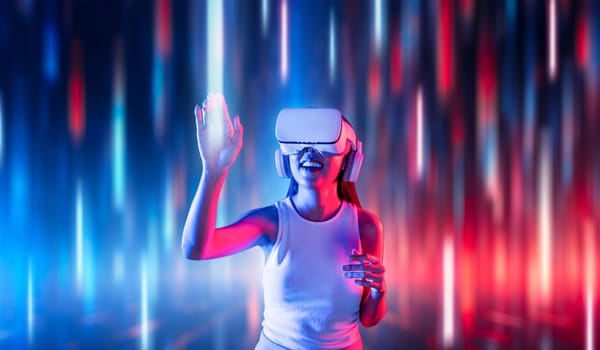 Smart female standing in cyberpunk style building in meta wear VR headset connecting metaverse, future cyberspace community technology, Woman using hand touching virtual reality object. Hallucination.