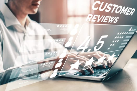 Customer review satisfaction feedback survey concept. User give rating to service experience on online application. Customer can evaluate quality of service lead to reputation ranking of business. uds