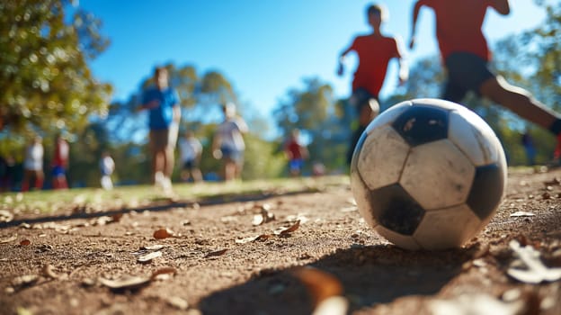 A soccer ball in the foreground with blurred players engaging in a match on a bright sunny day, capturing the essence of a lively outdoor sports activity