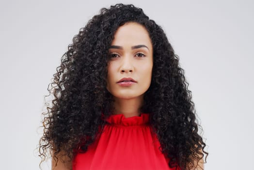 Portrait, woman and hair with confidence in studio on white background with startup company. Entrepreneur, career and growth as public relations in small agency, satisfied and hope for opportunity.