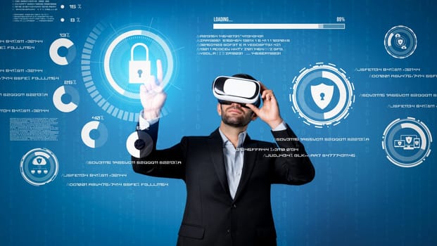 Caucasian project manager wearing VR glasses while look at hologram of security system. Smart businessman using visual reality goggle while connect metaverse plan and access privacy code. Deviation.