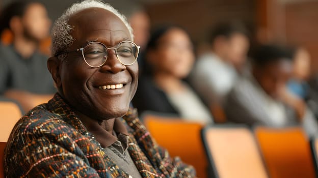 An older man with glasses is happily smiling in an event at a lecture hall. His wrinkles show joy as he engages with the audience, having fun and laughing