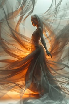 A mythical creature in a long dress dances gracefully with a glowing light behind her. Her long hair flows as if she is a character from a painting or a fictional event