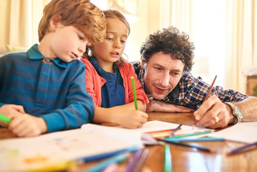 Father, children and drawing with homeschool for education, dyslexia or bonding together in house. Parent, young boy and girl with color pencils for sketching, art project or learning for development.